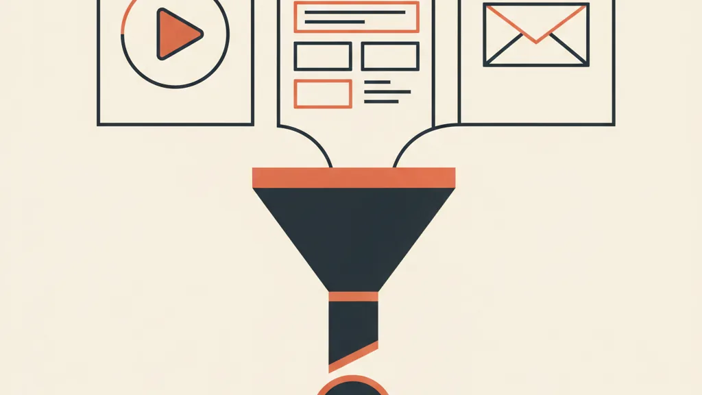 Illustrazione di tre canali (video, feed, email) che confluiscono in un unico funnel, metafora della campagna multicanale full-funnel