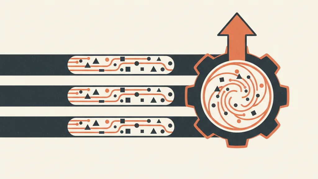 Illustrazione di tre canali dati che convergono in un motore centrale con freccia di crescita