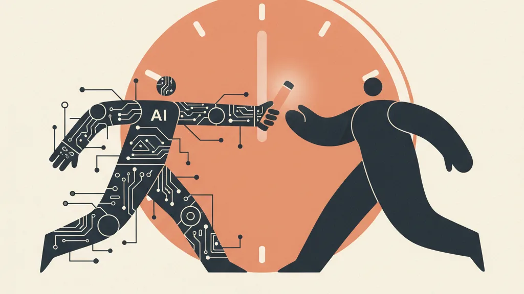 Illustrazione astratta del passaggio di consegne tra un agente AI e un operatore umano, con un orologio sullo sfondo che richiama il servizio 24 ore su 24