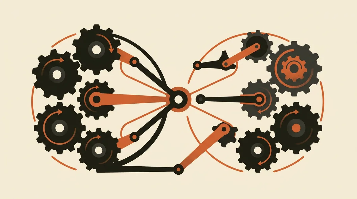 Illustrazione di ingranaggi interconnessi che rappresentano inbound e outbound integrati in un unico sistema