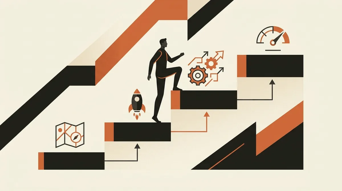 Illustrazione di una scala a quattro gradini che rappresenta le fasi di adozione dell'intelligenza artificiale in azienda