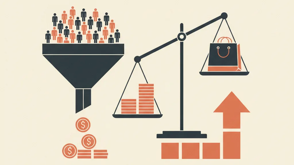 Illustrazione astratta di un funnel di conversione e una bilancia che rappresenta l'efficienza della spesa marketing