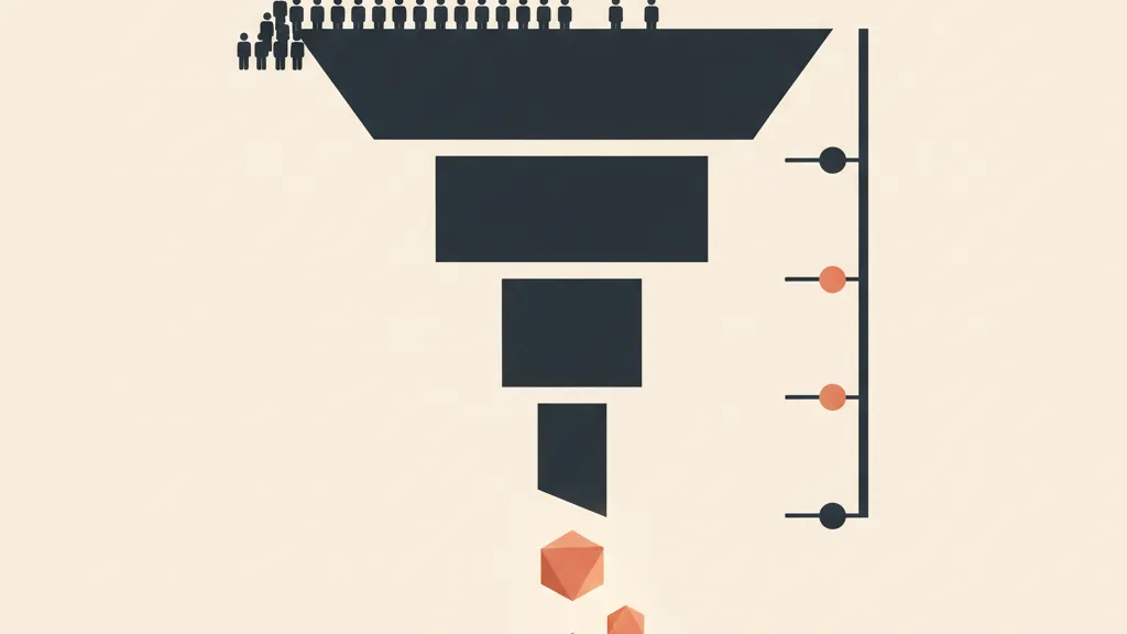 Illustrazione di un funnel di acquisizione a stadi con figure che avanzano e pochi contatti di valore che escono in fondo