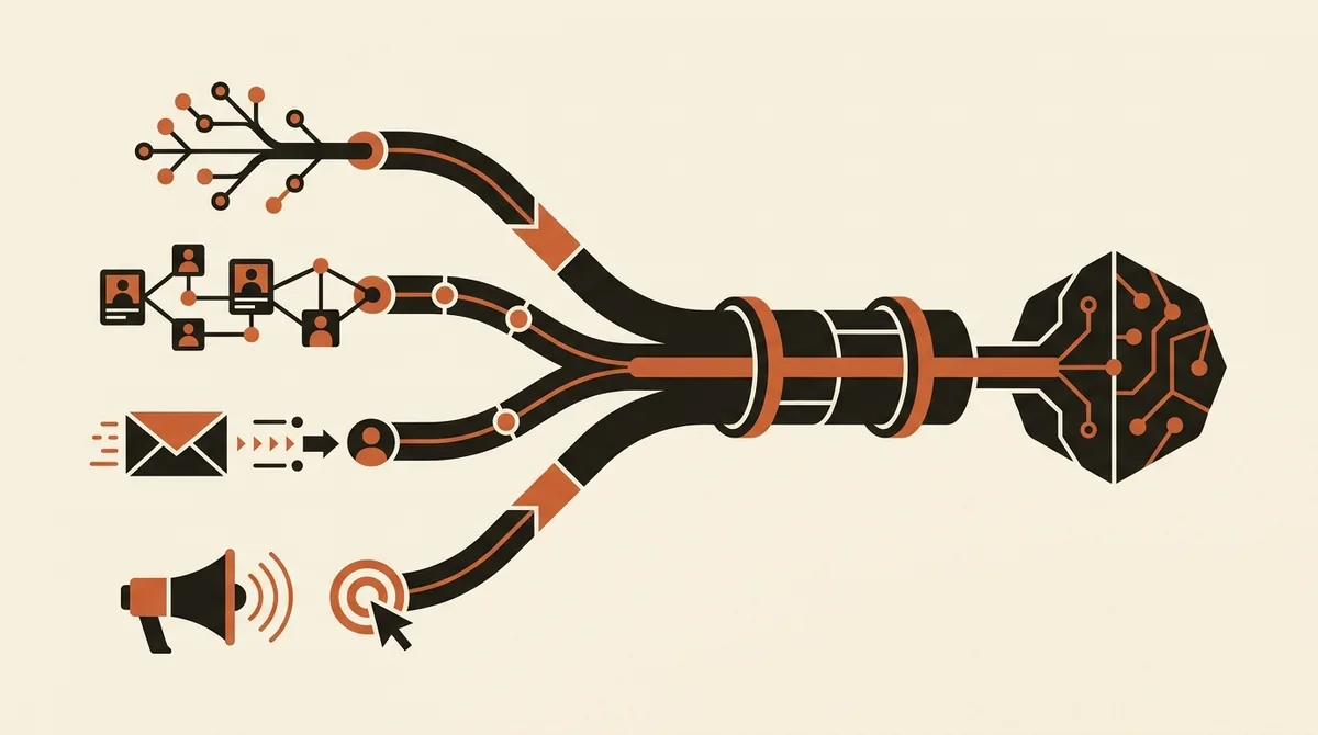 Illustrazione dei canali di lead generation B2B che convergono in un unico sistema di acquisizione clienti