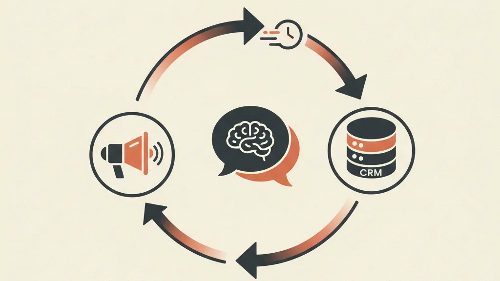 Illustrazione di un sistema a ciclo che collega inserzioni social, un agente AI di qualificazione e il CRM con frecce continue