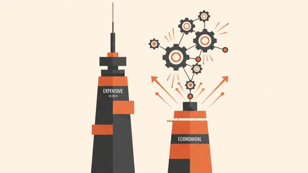 Illustrazione astratta che confronta due livelli di costo pubblicitario collegati da un sistema di automazione, metafora del CPM basso di Meta potenziato dall'AI
