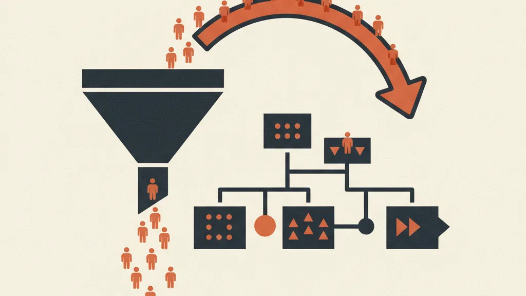 Illustrazione astratta di un funnel che alimenta un CRM con qualificazione e follow-up e un ciclo di feedback dei dati