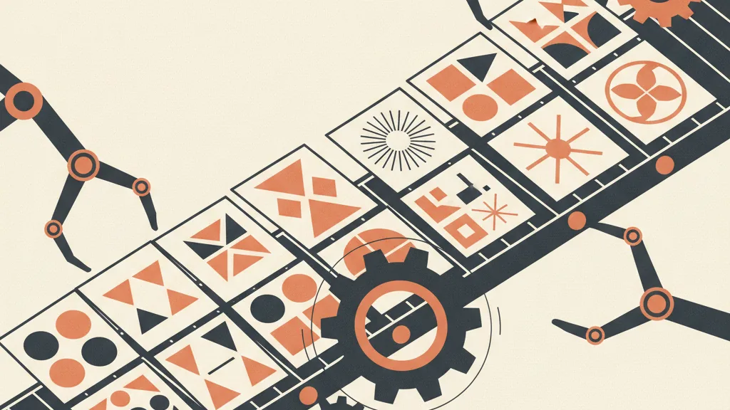 Illustrazione astratta di una griglia di creative montate su una linea di produzione automatizzata, metafora della produzione di asset a volume con AI