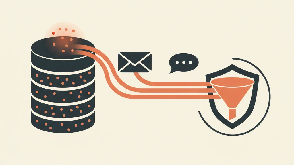Illustrazione di contatti dormienti riattivati che escono da un database attraverso canali email, SMS e messaggistica protetti da uno scudo