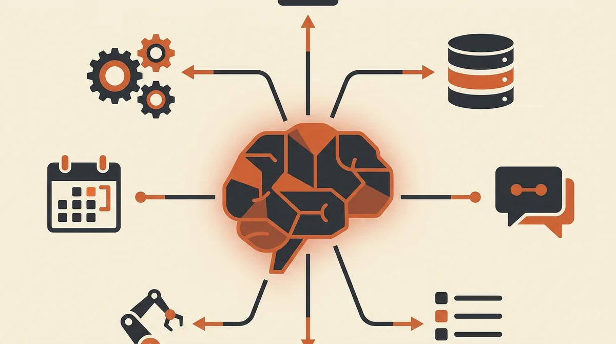 Illustrazione di un agente AI centrale che coordina diversi strumenti aziendali dentro un workflow automatizzato