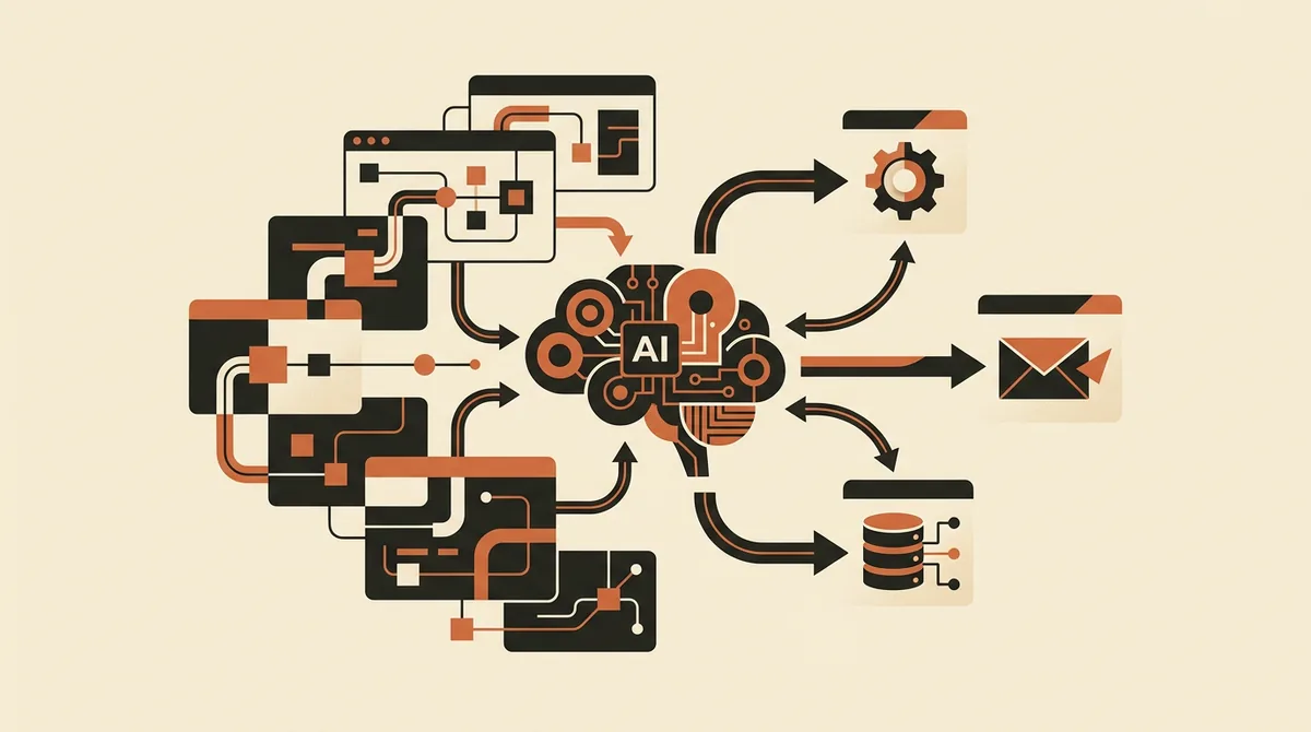 Illustrazione astratta di un agente AI che orchestra azioni tra strumenti in un workflow