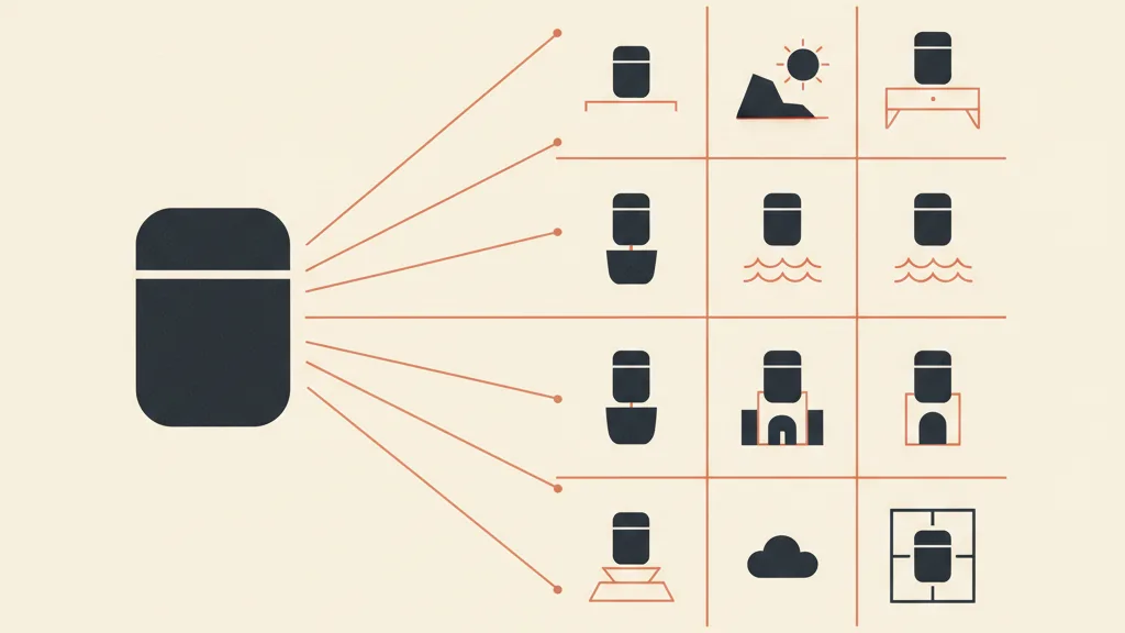 Illustrazione flat-vector di un prodotto declinato in una griglia di varianti e ambientazioni diverse per creative pubblicitarie