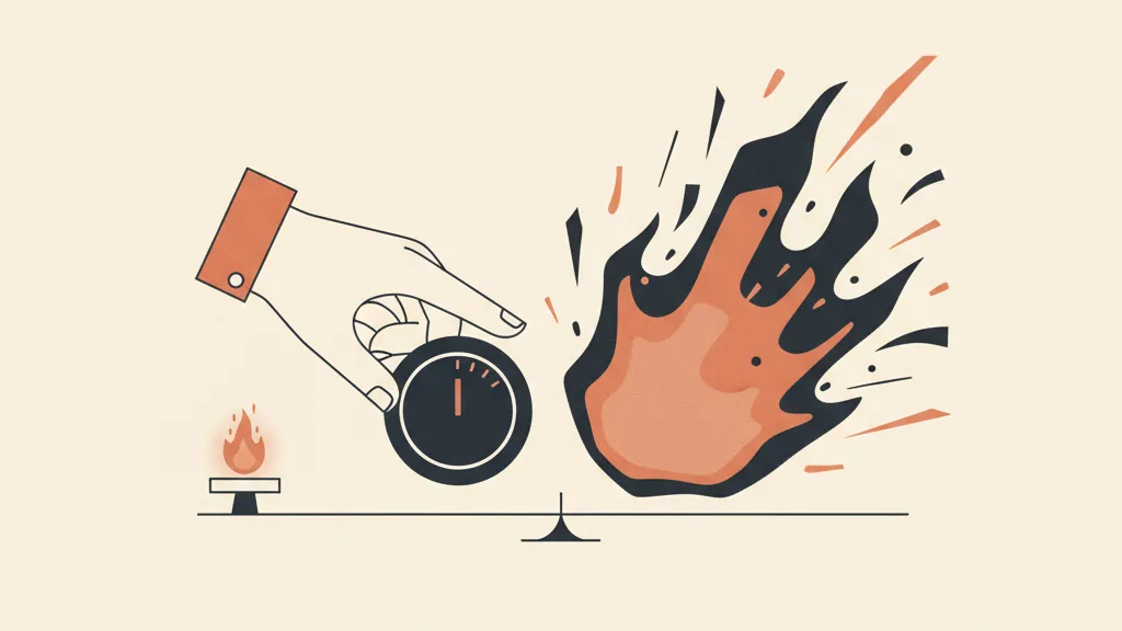 Illustrazione di una mano che regola un potenziometro tra una fiamma piccola e controllata e una fiamma eccessiva che sprizza scintille, metafora del dosaggio delle parole emozionali.