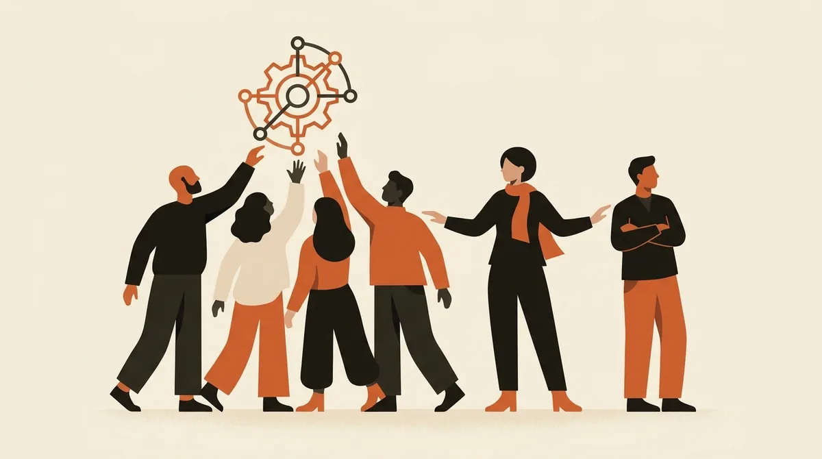 Illustrazione di un gruppo di persone in ufficio che si avvicina a un simbolo AI con un facilitatore che media, metafora del change management e del fattore umano nell'adozione