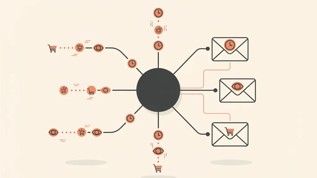Illustrazione astratta di segnali comportamentali che confluiscono e generano email personalizzate diverse