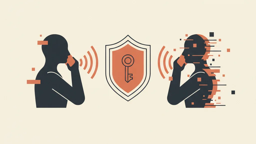 Illustrazione di una voce clonata deepfake in una telefonata truffa, con uno scudo e una chiave a proteggere