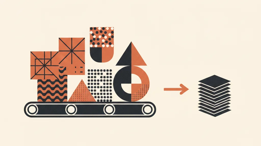 Illustrazione di un nastro produttivo che sforna creatività di formati e stili diversi, a rappresentare la varietà contro le fotocopie