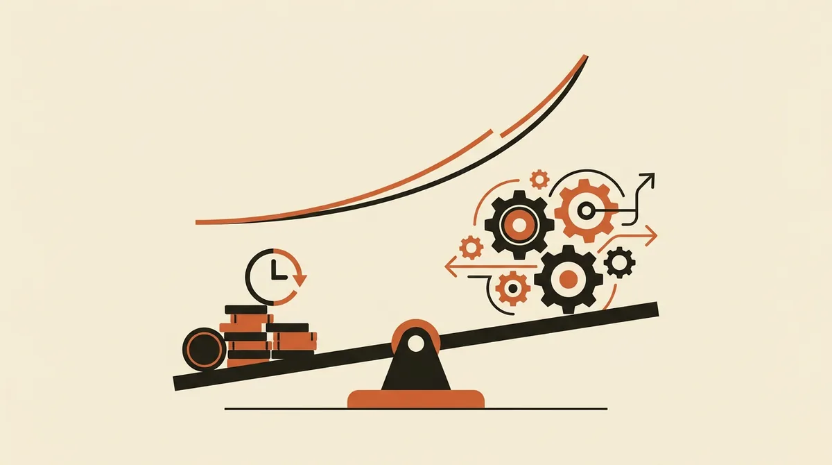 Illustrazione del calcolo del ritorno economico e del payback di un progetto di automazione AI, con una bilancia tra costi e tempo risparmiato