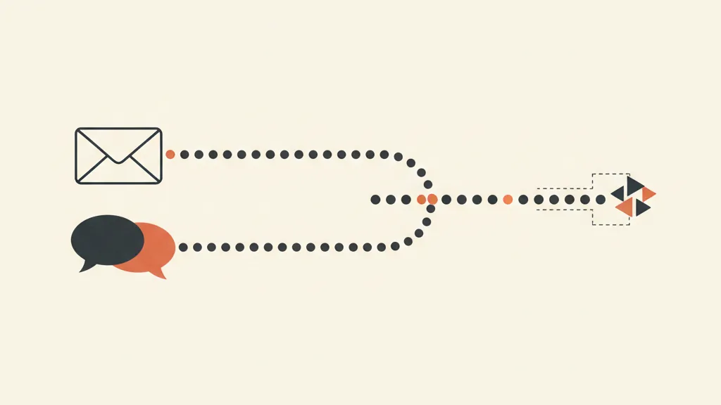 Illustrazione astratta di email e messaggio chat intrecciati in una sequenza coordinata da un nodo AI, metafora del recupero carrelli multicanale