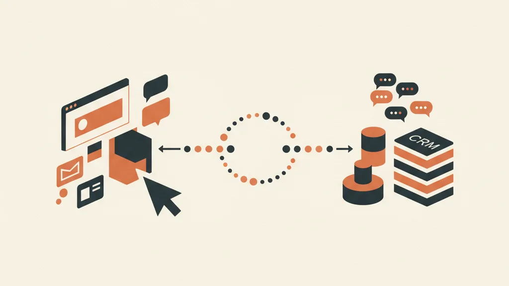 Illustrazione astratta di un ponte di dati che collega una piattaforma social a un CRM con email e messaggi, metafora dell'integrazione tra Meta e riattivazione dei contatti