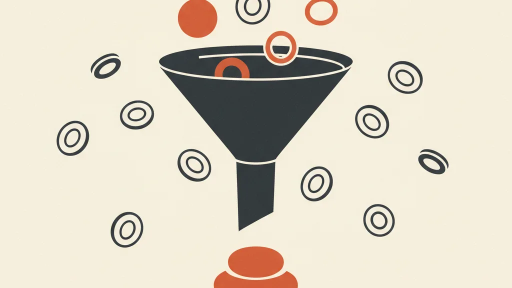 Illustrazione di un imbuto che filtra forme piene lasciando cadere forme vuote, metafora della qualità dei lead rispetto al volume