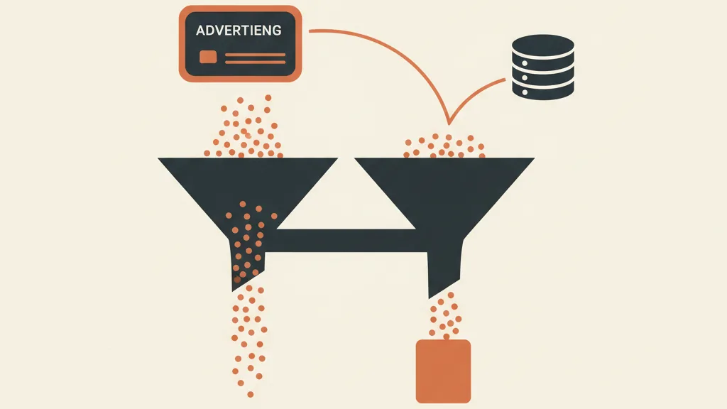 Illustrazione di due imbuti collegati da un ponte tra un pannello pubblicitario e un database, a rappresentare il legame tra Meta Ads e CRM