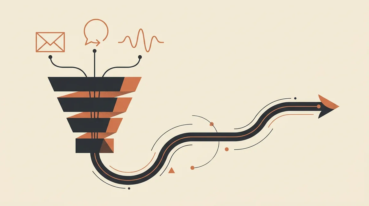 Schema di un funnel multicanale che orchestra email, messaggi e voce per la riattivazione B2B