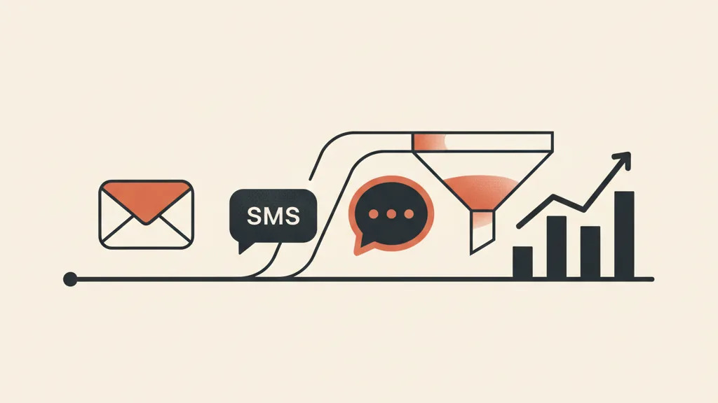 Sequenza win-back multicanale email SMS e chat lungo una timeline verso ricavi in crescita