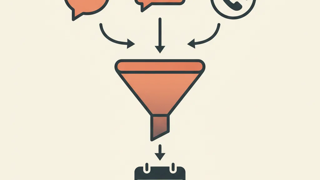 Illustrazione di un funnel di riattivazione multicanale con SMS, WhatsApp e voce AI che convergono verso un appuntamento in agenda