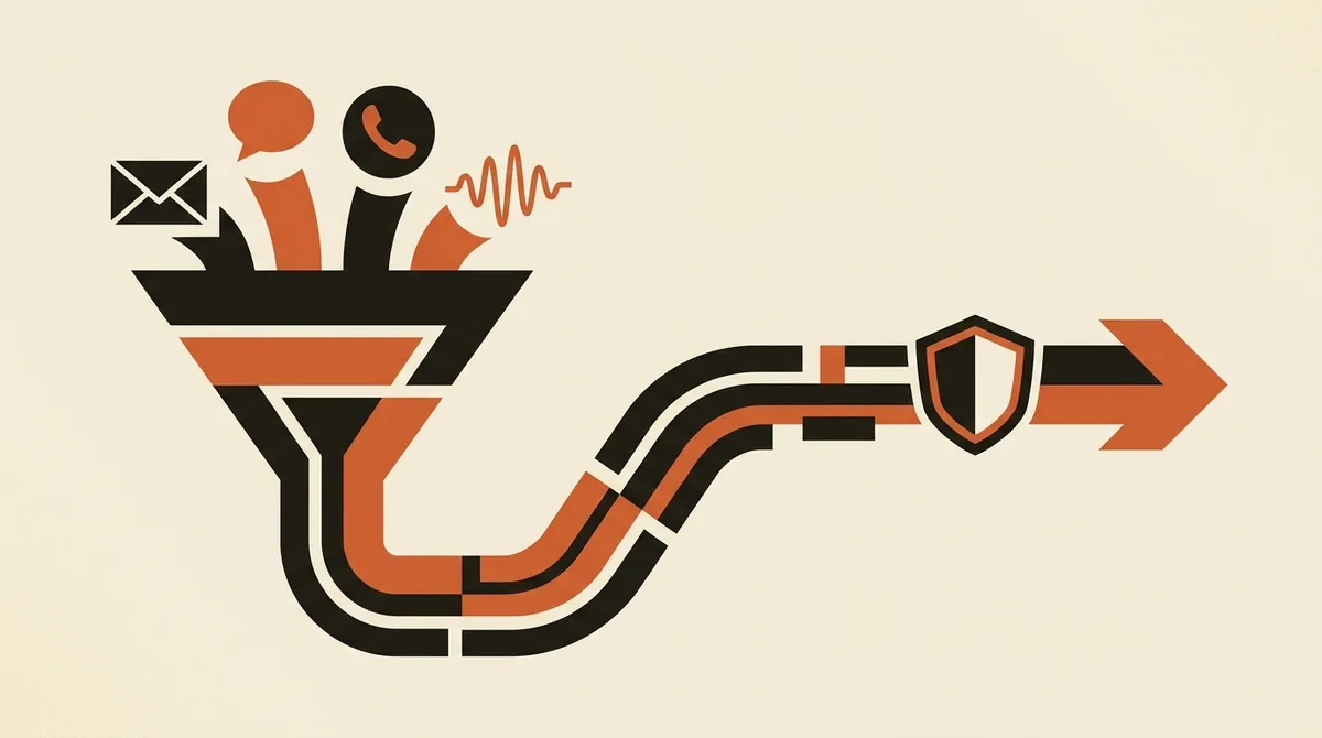Illustrazione di un funnel multicanale che orchestra email, messaggi e chiamate AI con protezione per la compliance
