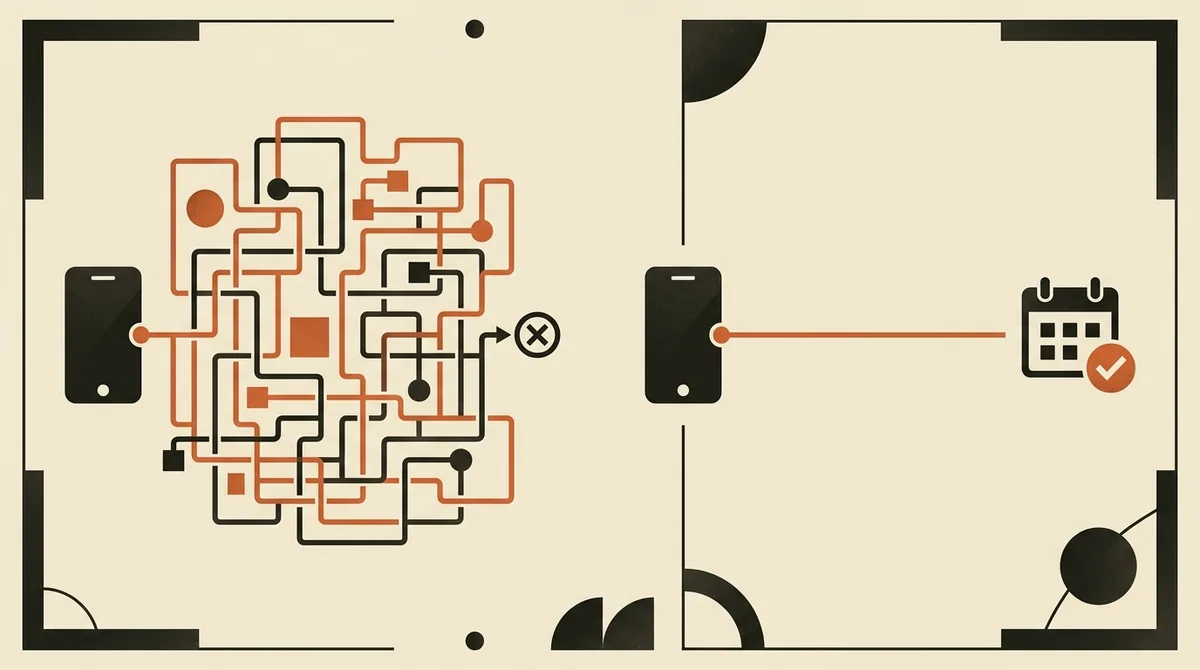 Illustrazione che confronta un menù telefonico intricato con un percorso diretto verso agenda e conferma, metafora dell'assistente vocale AI