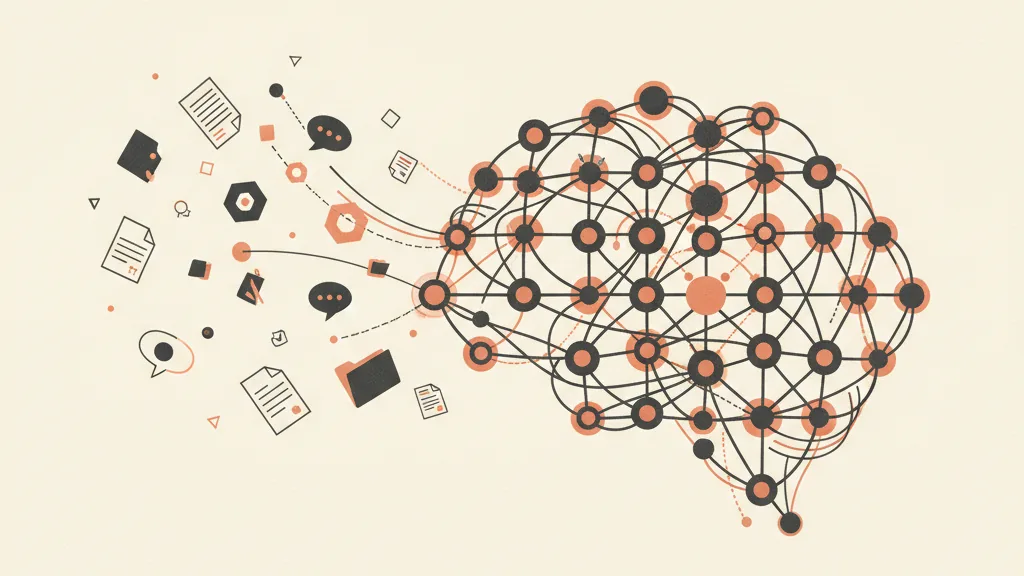 Illustrazione di documenti e informazioni sparse che confluiscono in un'unica rete interconnessa a forma di cervello, metafora del company brain che unifica la conoscenza