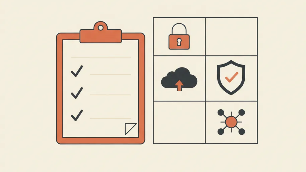 Illustrazione di una checklist con icone di lucchetto, cloud e rete che rappresenta un audit di sicurezza per studi medici