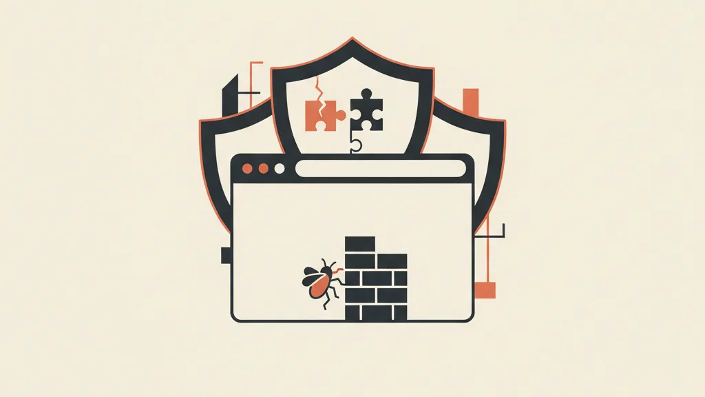 Illustrazione a strati della difesa di un sito web con firewall che blocca una minaccia e pezzi di plugin alcuni integri alcuni incrinati