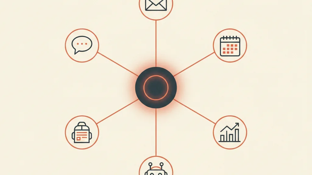 Illustrazione di un sistema centrale integrato collegato a WhatsApp, email, calendario, automazione AI e metriche di crescita