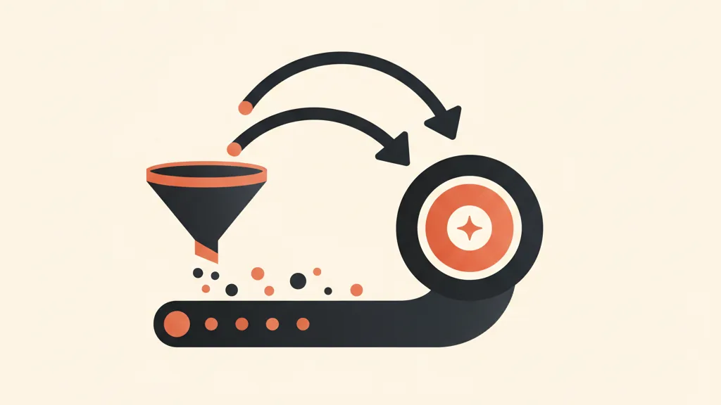 Illustrazione di un funnel che alimenta un sistema di acquisizione clienti automatizzato con un nucleo AI e un ciclo iterativo
