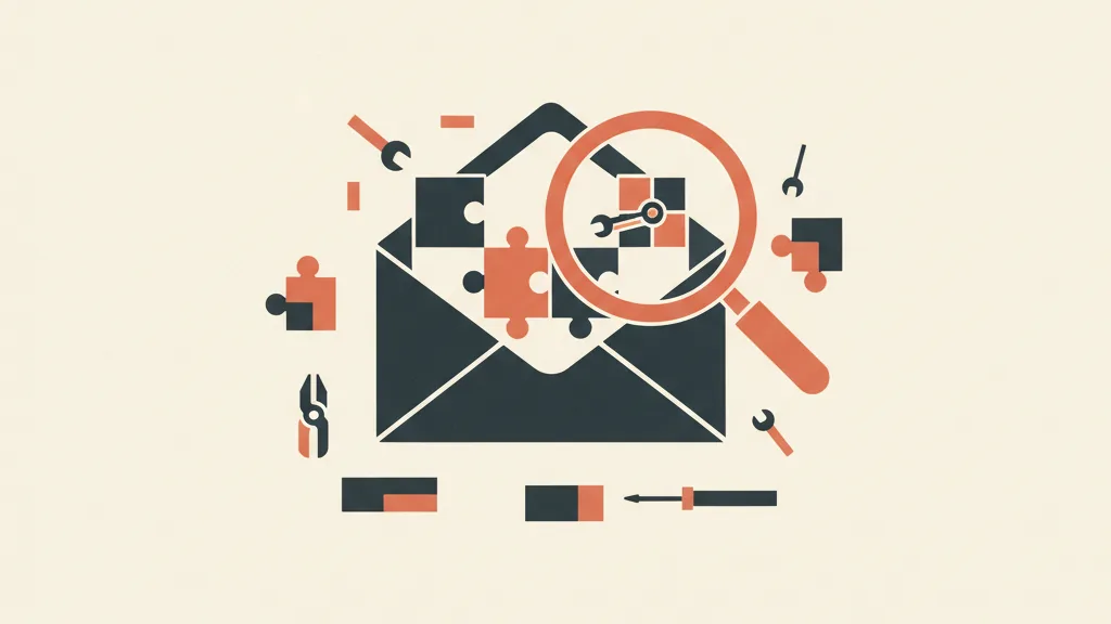 Illustrazione di una busta scomposta in blocchi modulari su un banco di lavoro con strumenti di precisione, metafora dell'anatomia di un oggetto email.