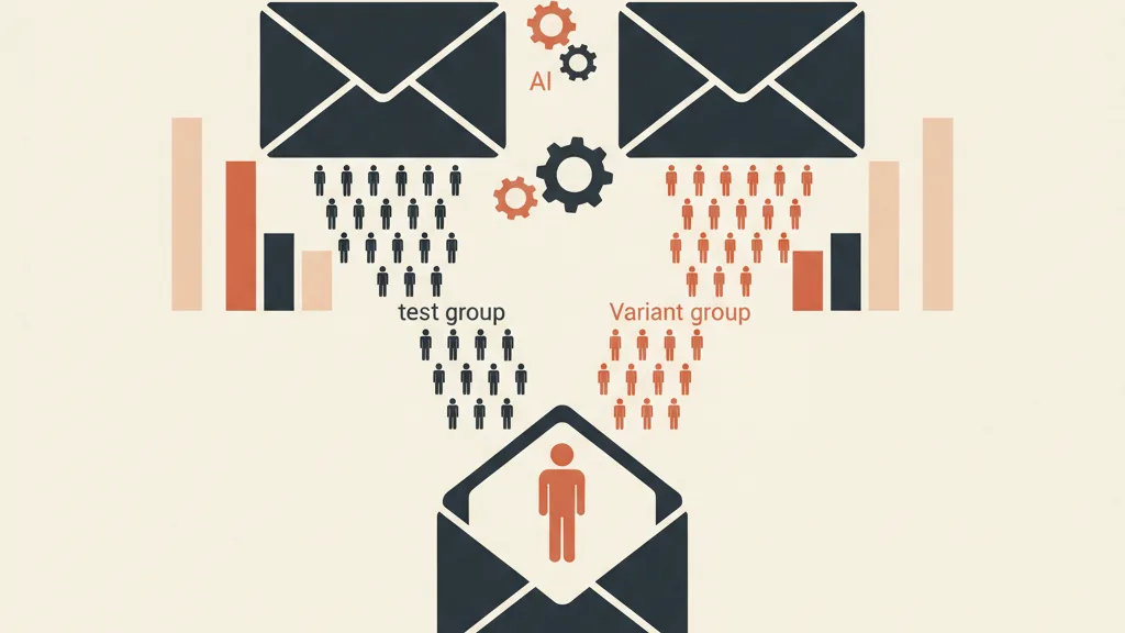Illustrazione astratta di un test A/B sugli oggetti email con varianti generate dall'AI che convergono nella versione vincente