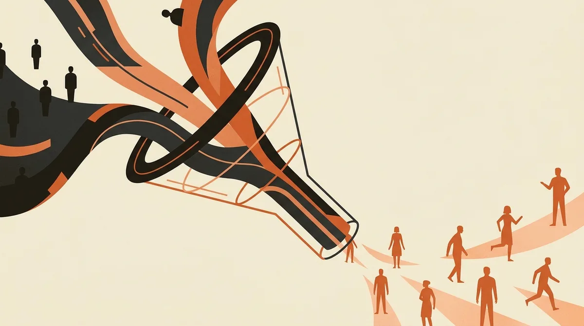 Illustrazione di un funnel multicanale che riattiva contatti dormienti trasformandoli in clienti attivi