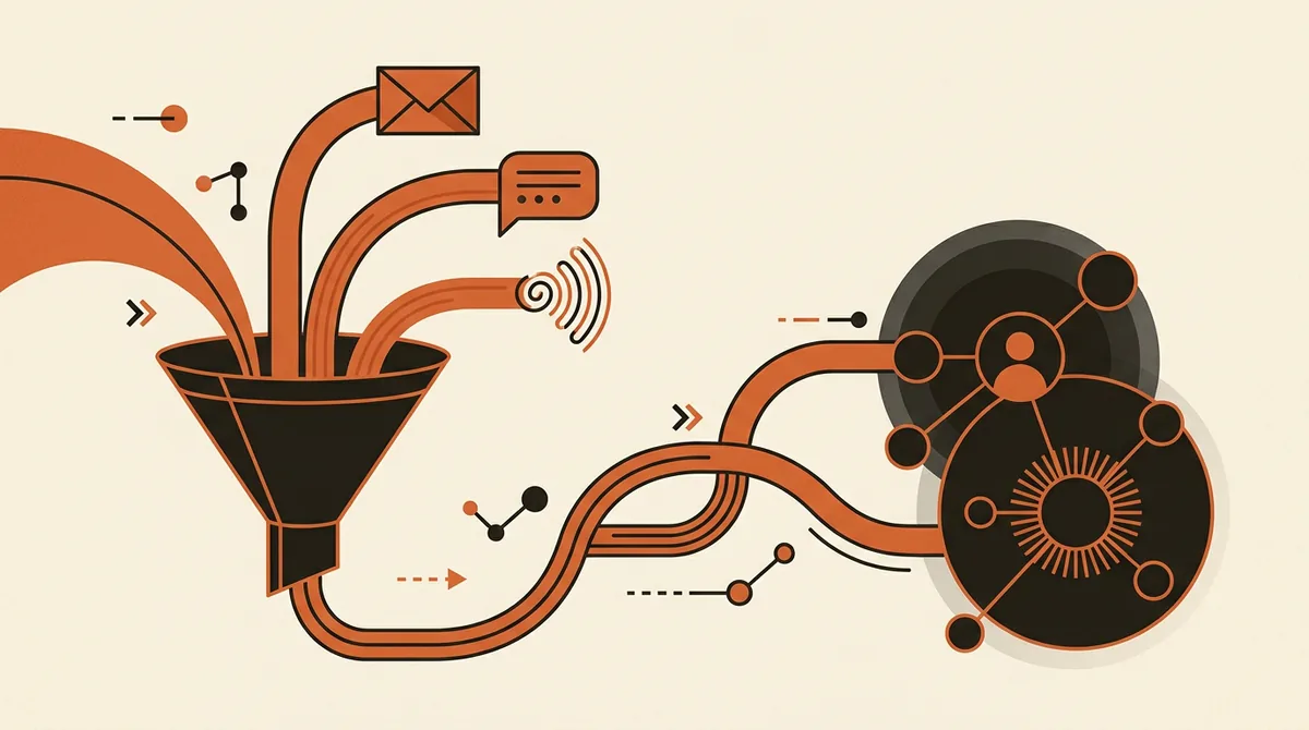 Illustrazione di un funnel che unisce email, messaggi e voce verso un contatto riattivato