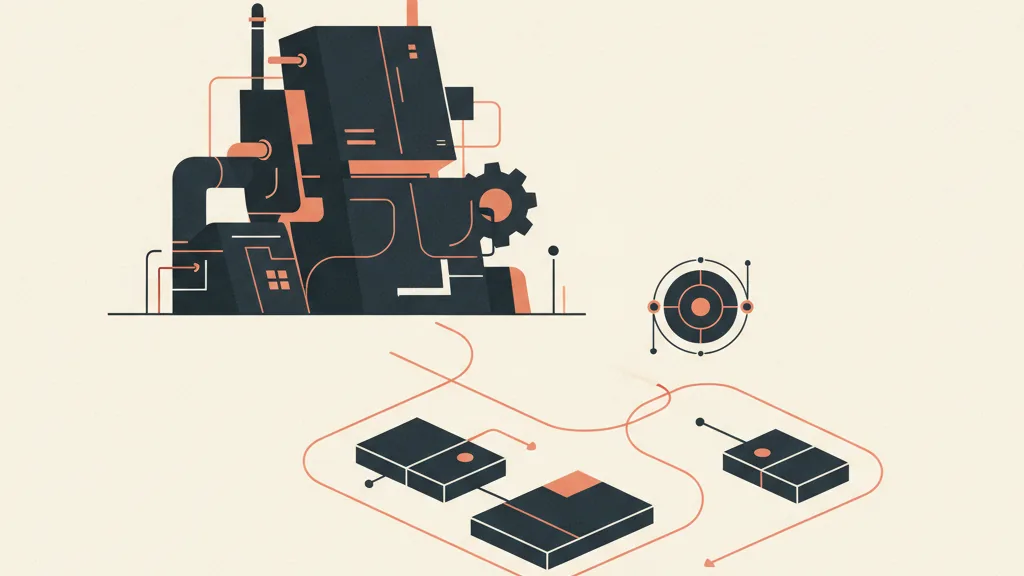 Illustrazione che contrappone piccoli moduli automatizzati che si collegano in un sistema a una grande macchina monolitica ferma, metafora dei passi piccoli contro i progetti troppo grandi