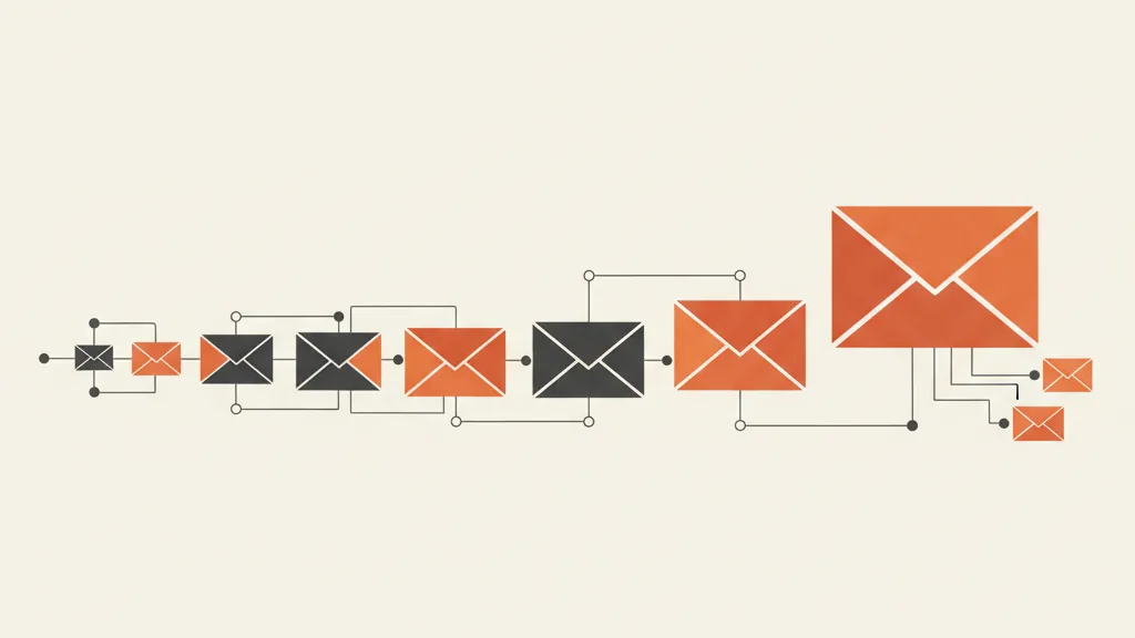 Sequenza di email di benvenuto rappresentata come una serie di buste collegate lungo un percorso a tappe che si ramifica alla fine