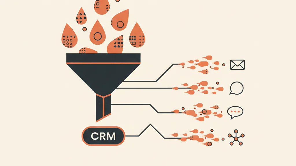 Illustrazione di dati che confluiscono in un CRM e si diramano in messaggi personalizzati su piu canali